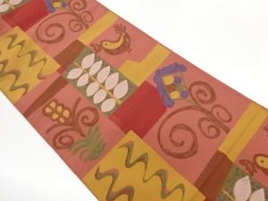 小鳥に花葉・幾何学模様織出し袋帯